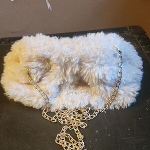Cream Faux Fur Clutch with Chain Strap